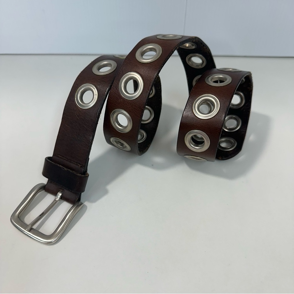 Brown Belt Genuine Leather Women’s silver Buckle Size Large Rivets - Picture 1 of 8